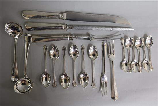 Assorted silver flatware including Hanovarian pattern and two three pronged forks.